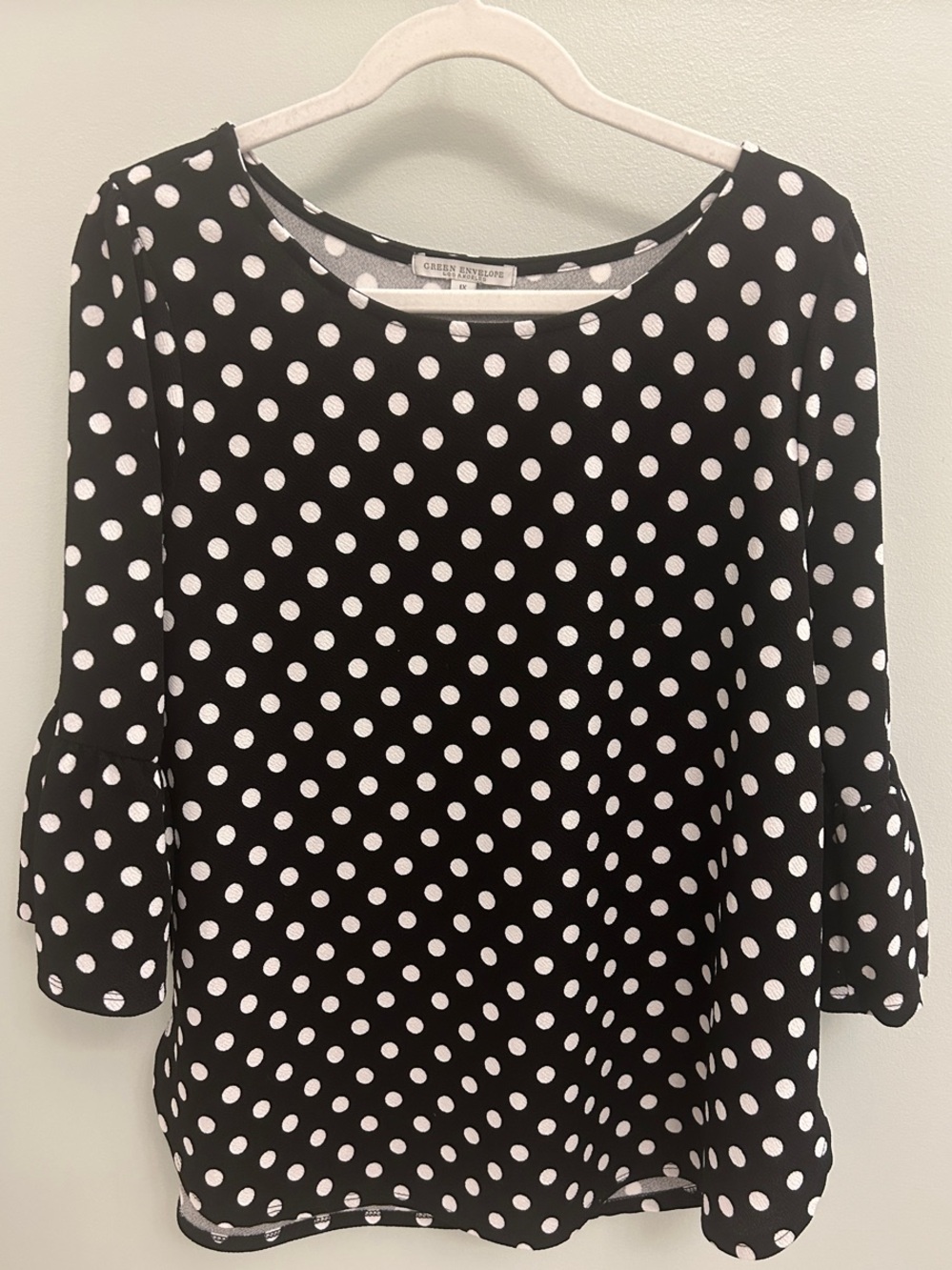Green Envelope Black and White Polka Dot Ruffle Sleeve Blouse